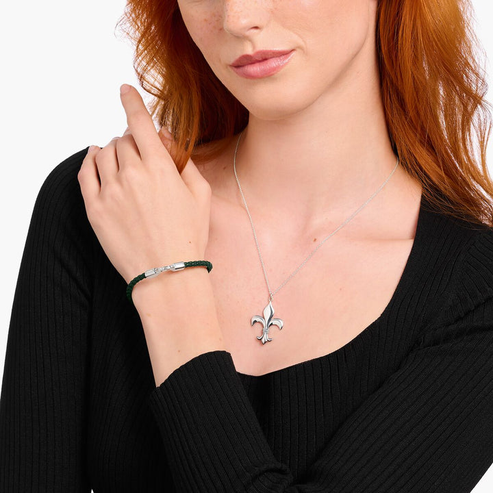 Rebel At Heart Silver Bracelet with Braided, Green Leather