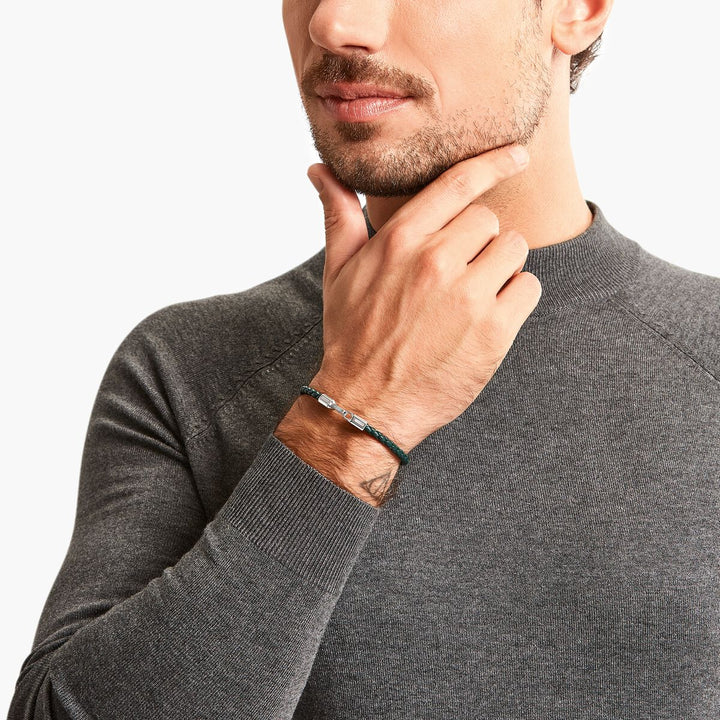 Rebel At Heart Silver Bracelet with Braided, Green Leather