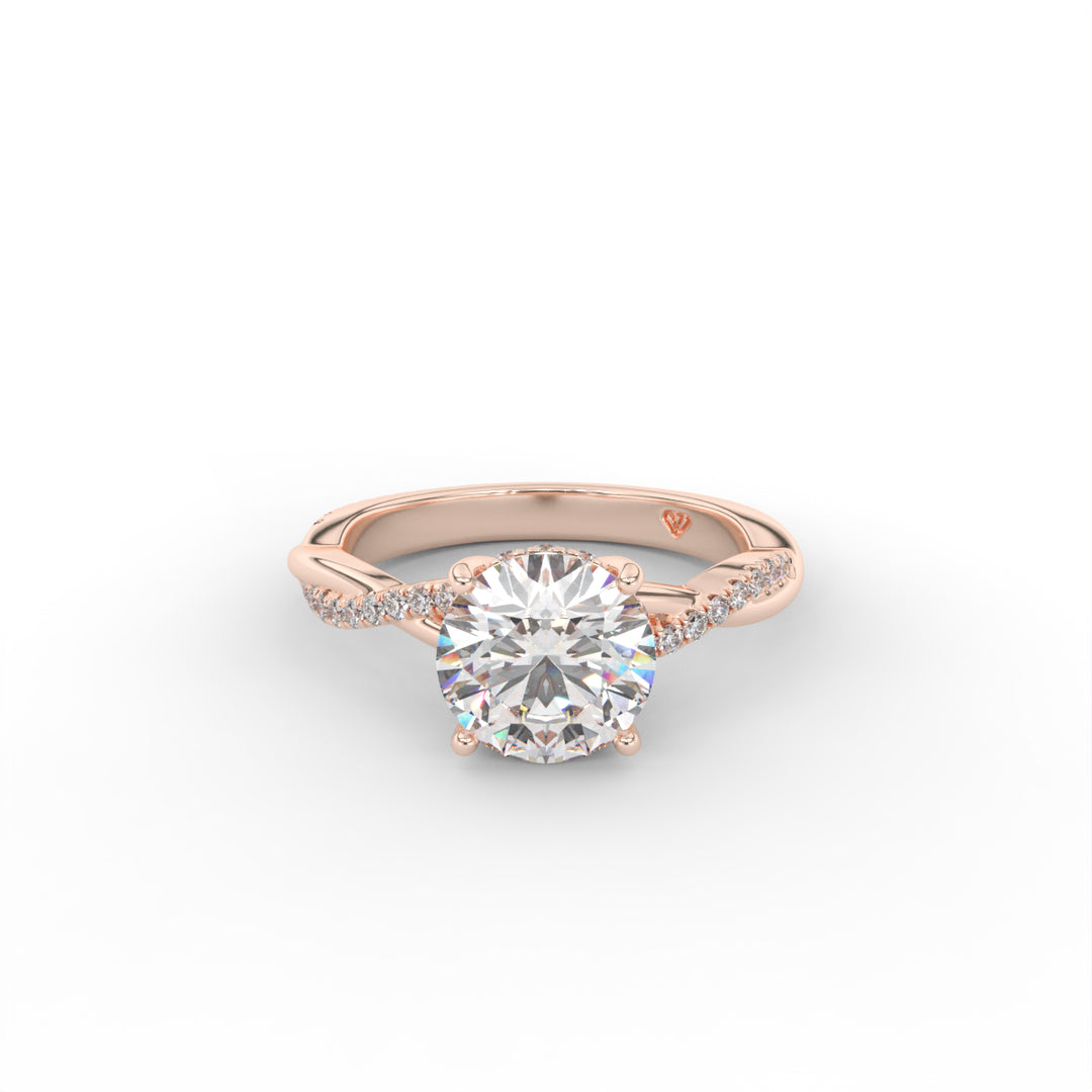 Rosa - Bague de fiançailles en or rose 14 carats avec halo de diamants cachés et tige torsadée