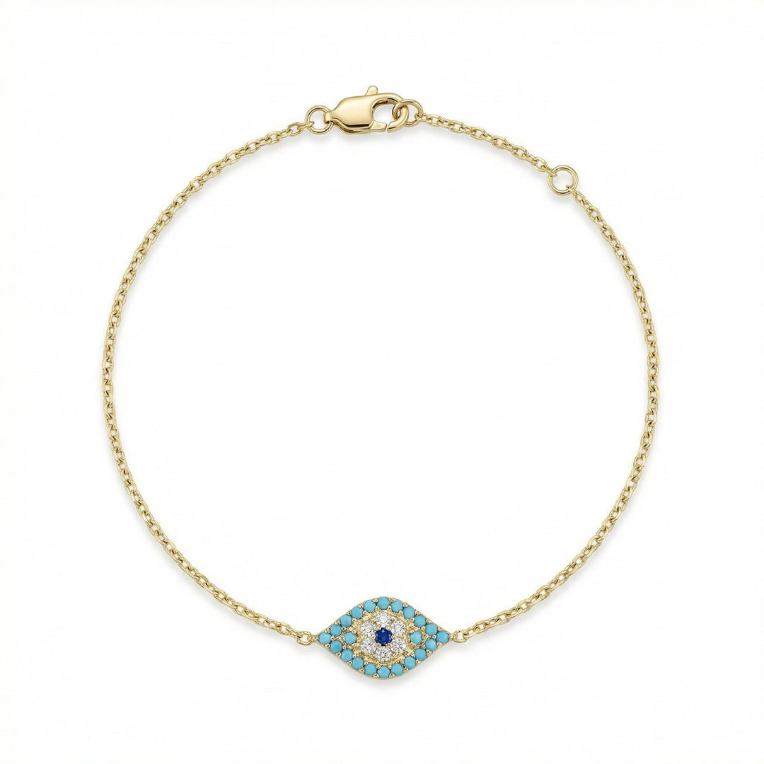 Turquoise Enamel Evil Eye Bracelet with Nautral Diamonds and Sapphire