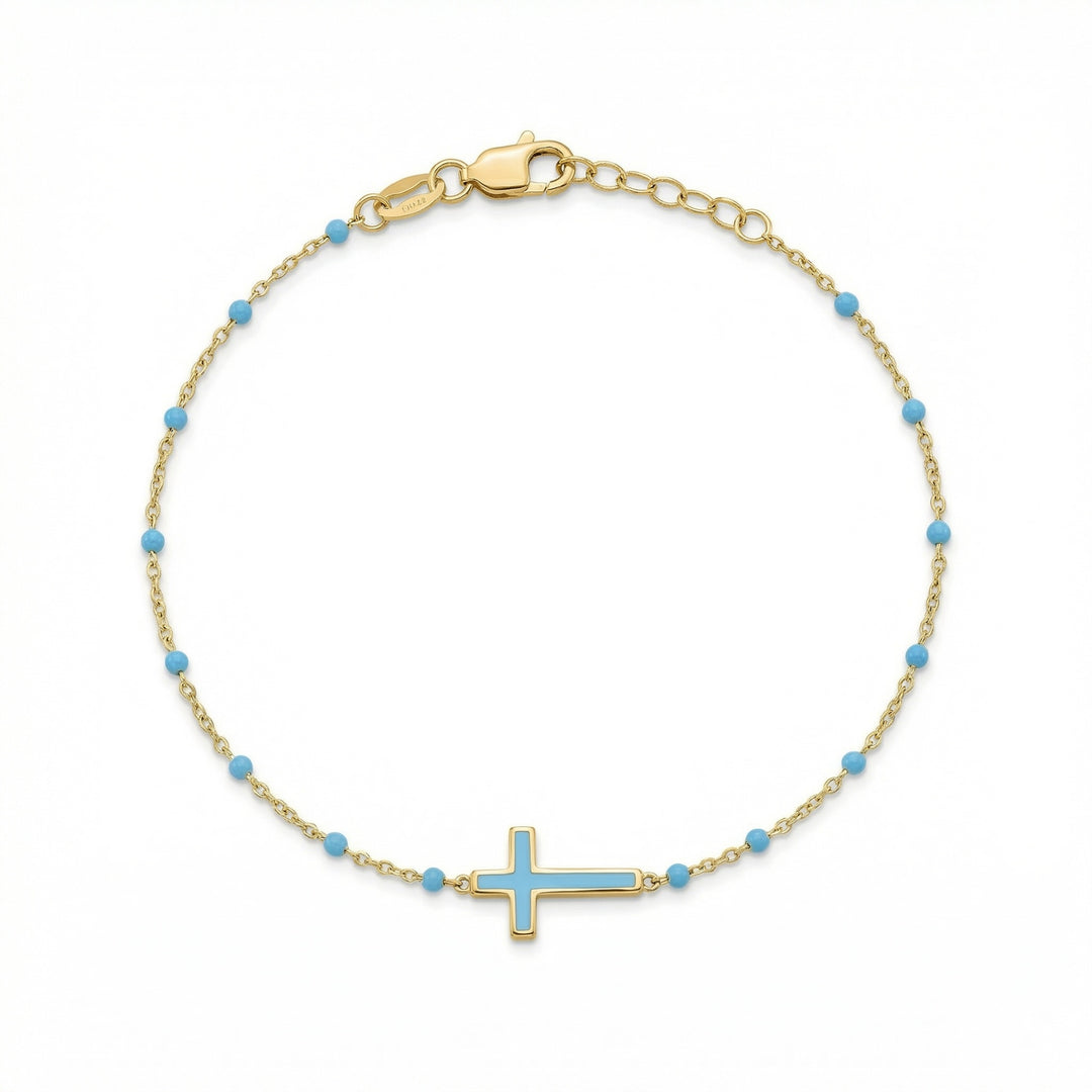 Sky Blue Bead Enamel Cross Bracelet