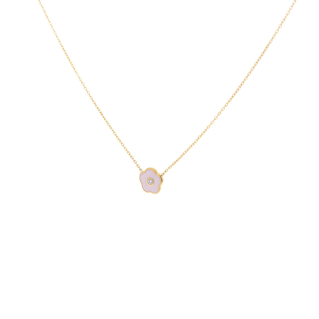 Pink Flower Enamel Necklace with Natural Diamond
