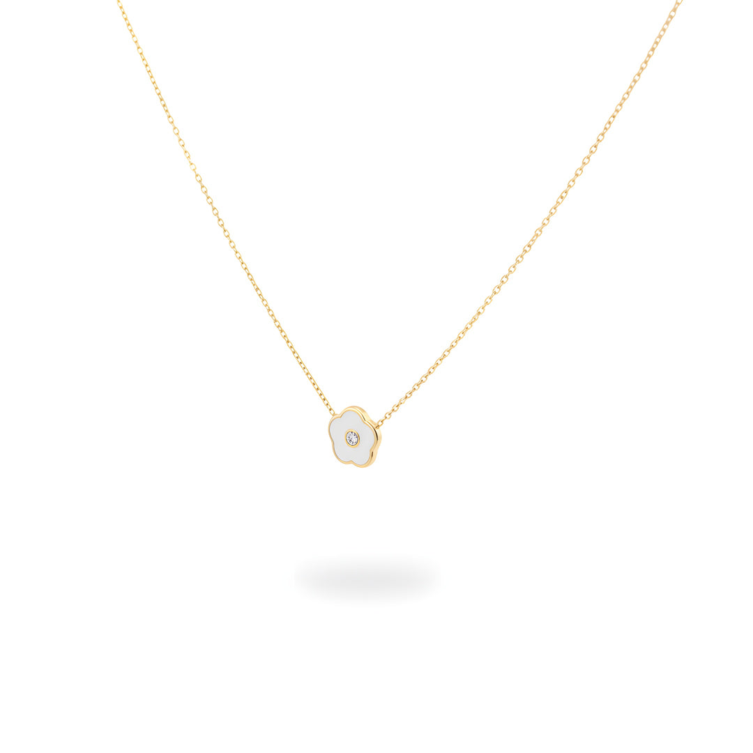 White Flower Enamel Necklace with Natural Diamond