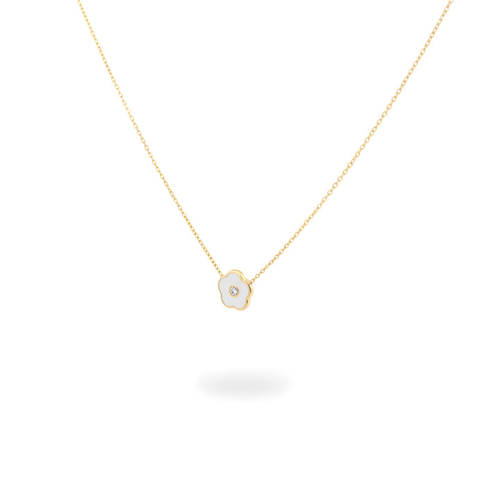 White Flower Enamel Necklace with Natural Diamond