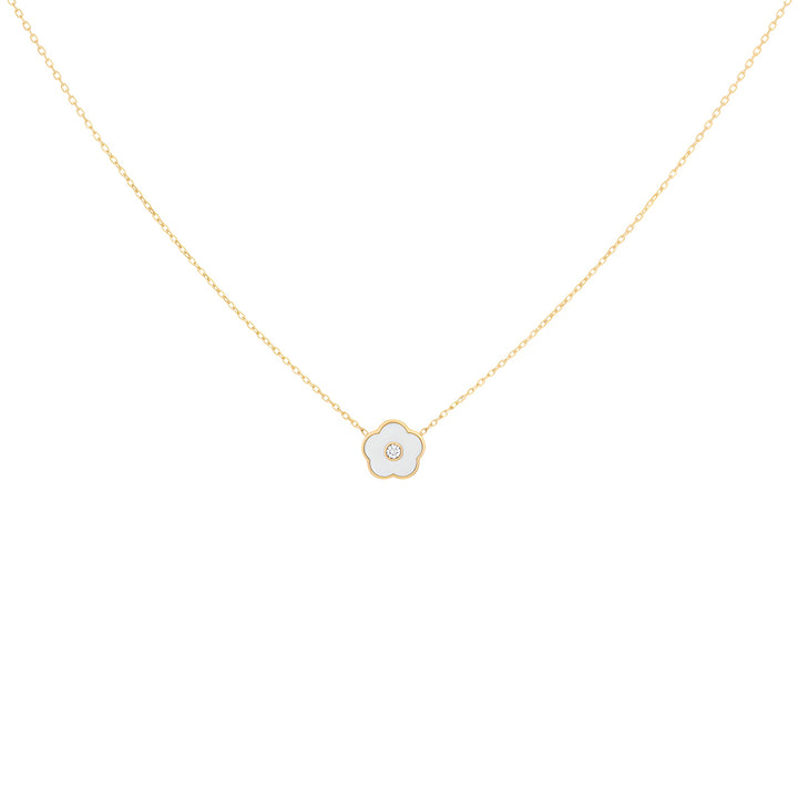 White Flower Enamel Necklace with Natural Diamond