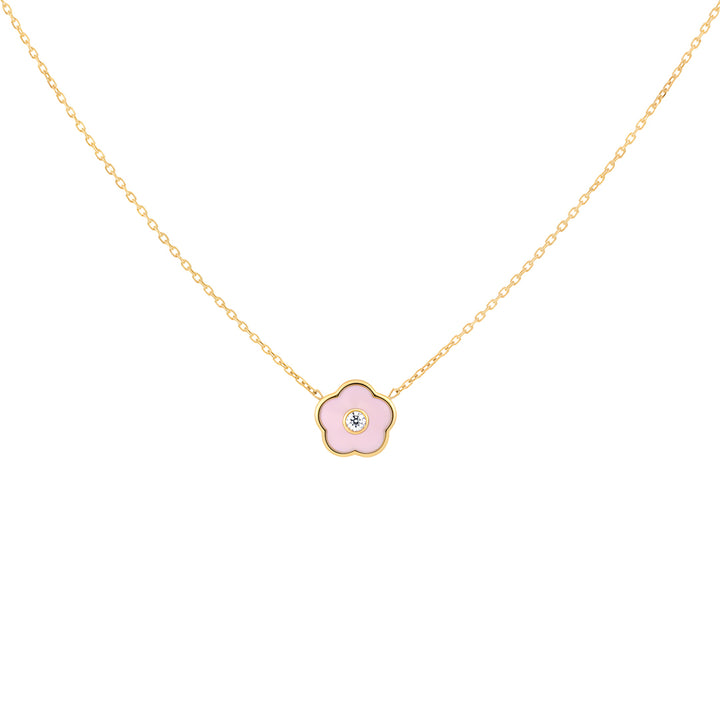 Pink Flower Enamel Necklace with Natural Diamond