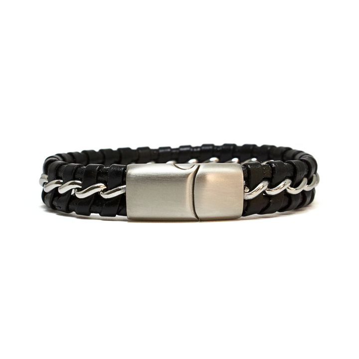 Luenzo Black Genuine Leather & Stainless Steel Bracelet