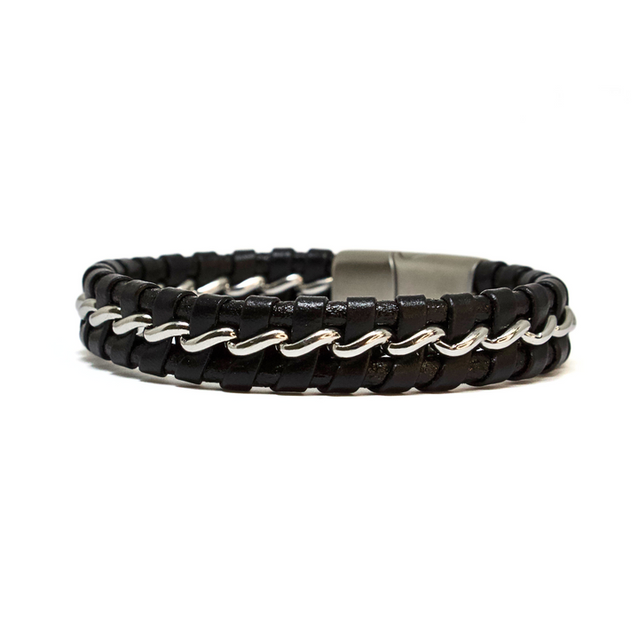 Luenzo Black Genuine Leather & Stainless Steel Bracelet