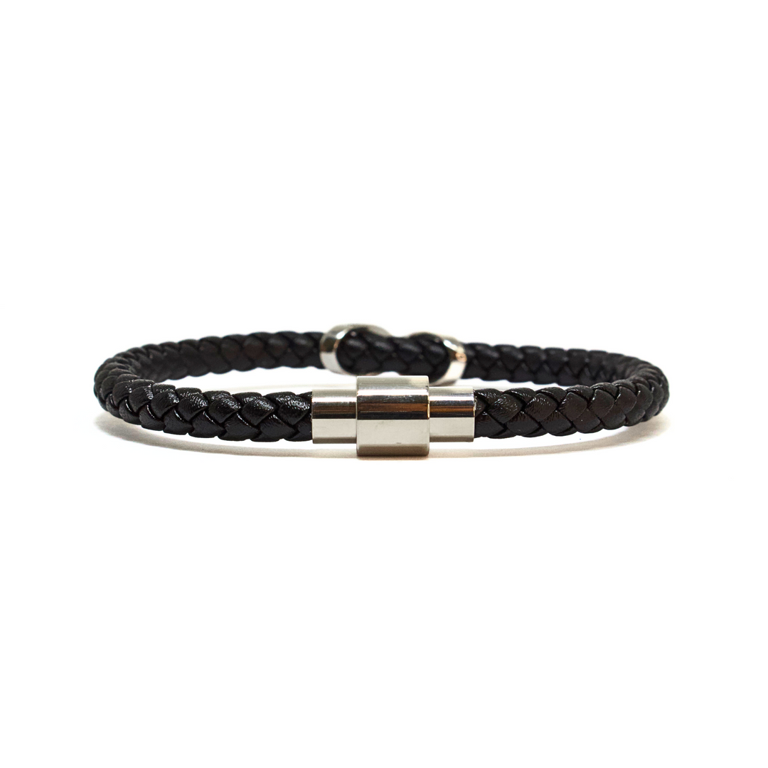 Luenzo Black Genuine Leather & Black Crystal Bracelet