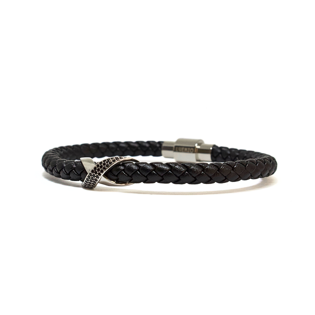 Luenzo Black Genuine Leather & Black Crystal Bracelet