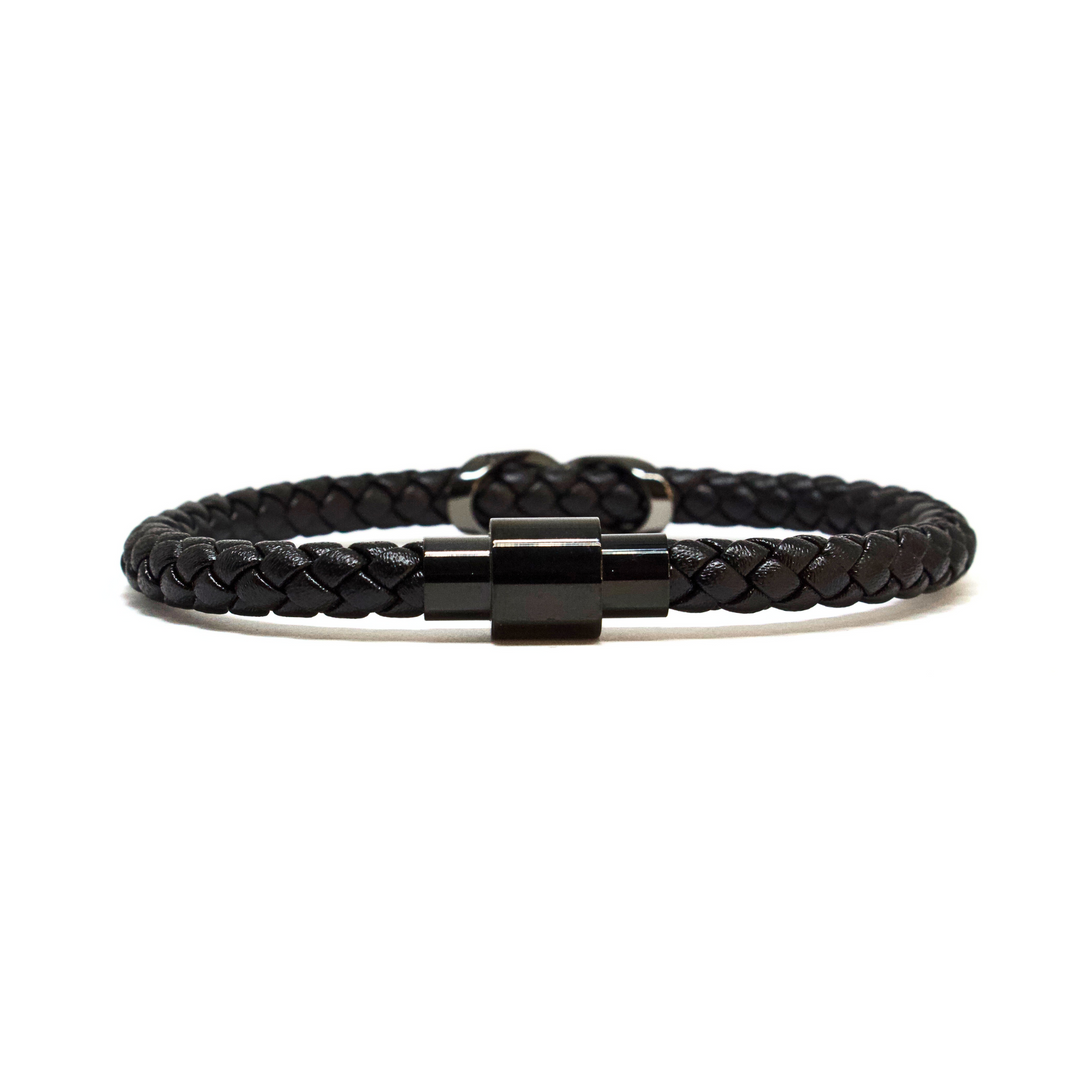 Luenzo Black Genuine Leather & Black Crystal Bracelet