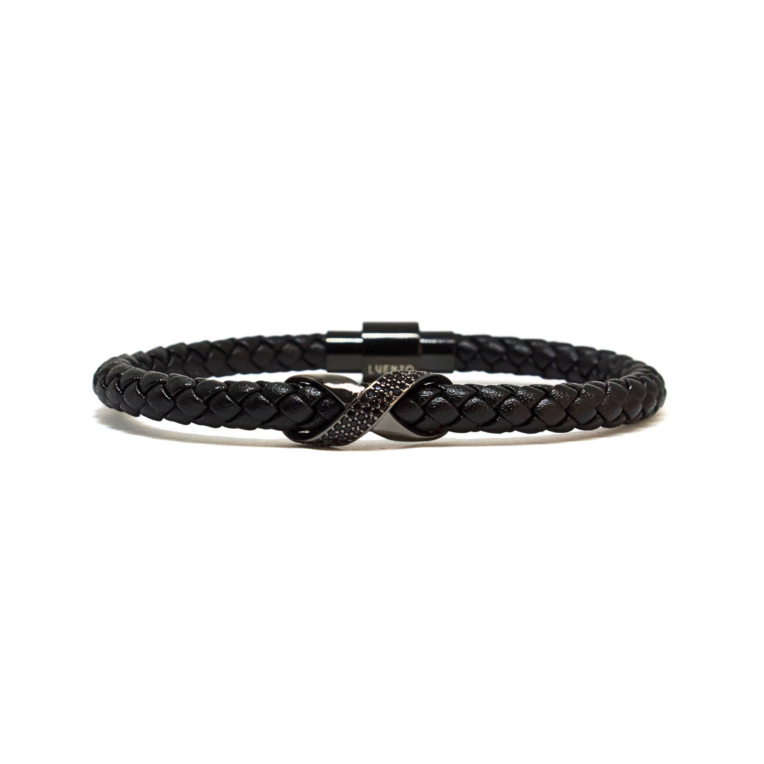 Luenzo Black Genuine Leather & Black Crystal Bracelet