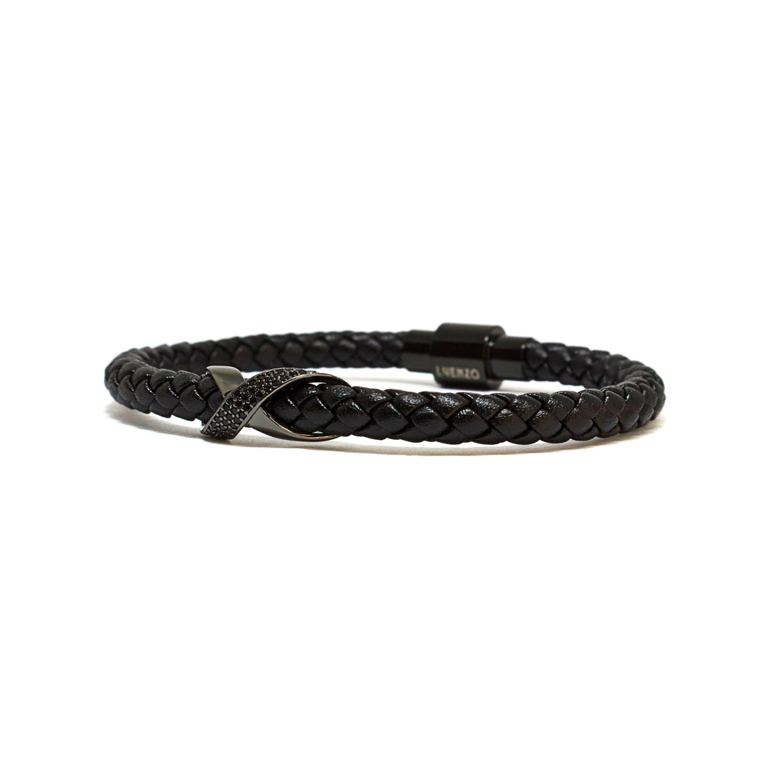 Luenzo Black Genuine Leather & Black Crystal Bracelet