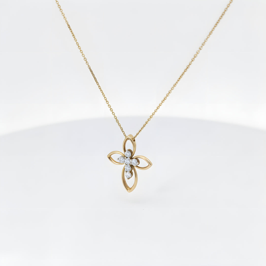 Diamond Cross Necklace with Gold Outline