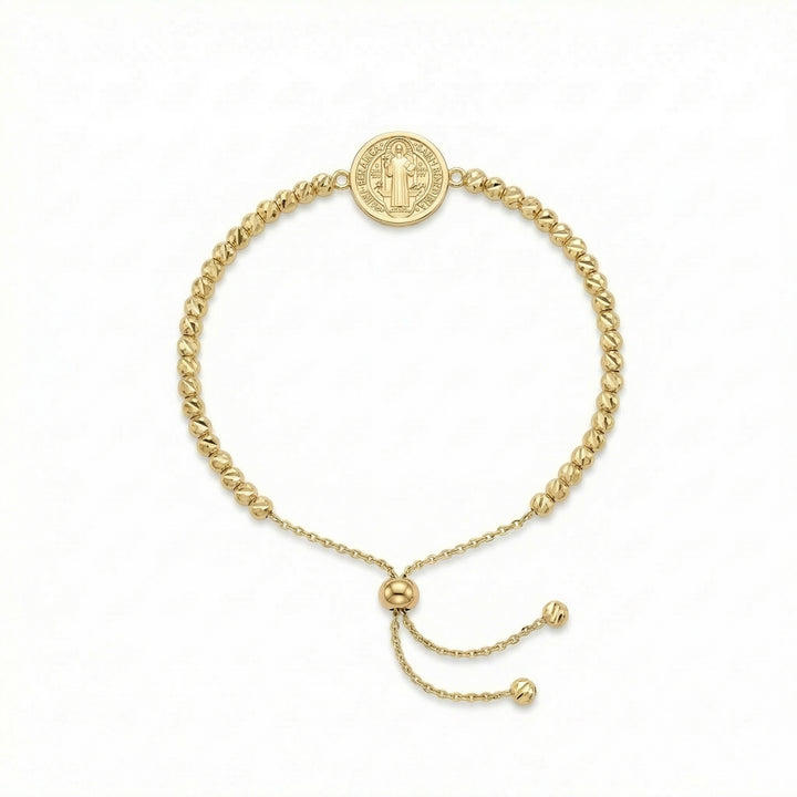 Yellow Gold Diamond Cut Bead Bracelet with Medallion