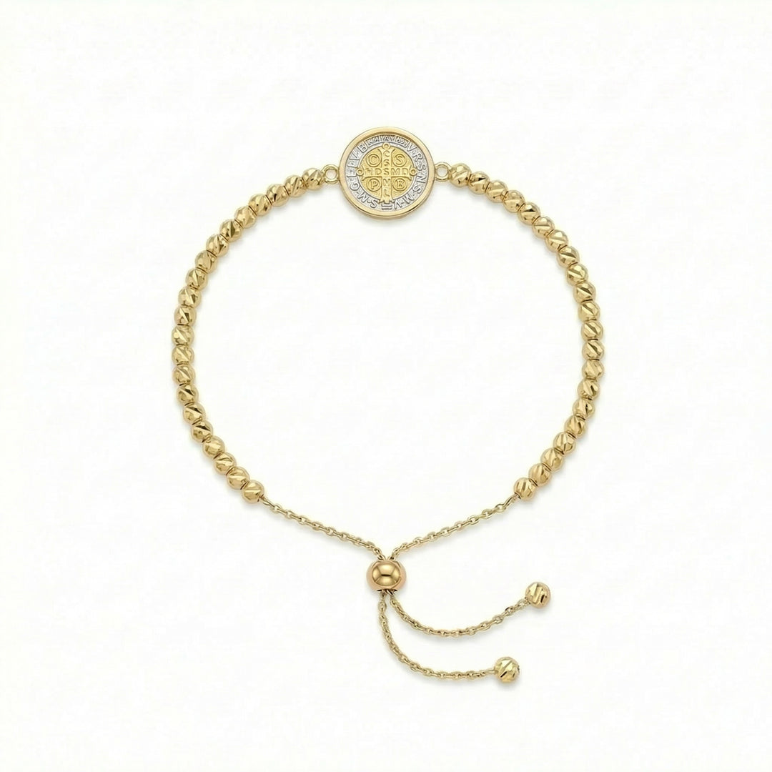 Yellow Gold Diamond Cut Bead Bracelet with Medallion