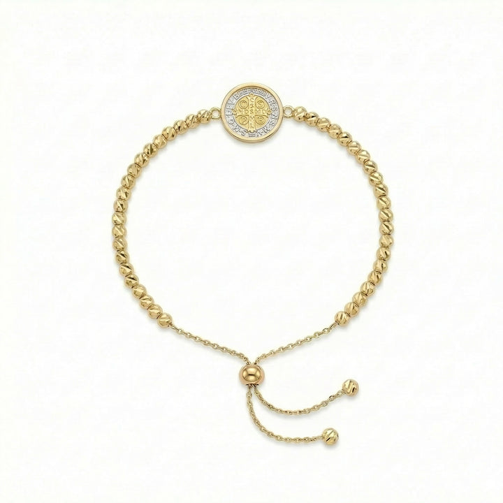 Yellow Gold Diamond Cut Bead Bracelet with Medallion